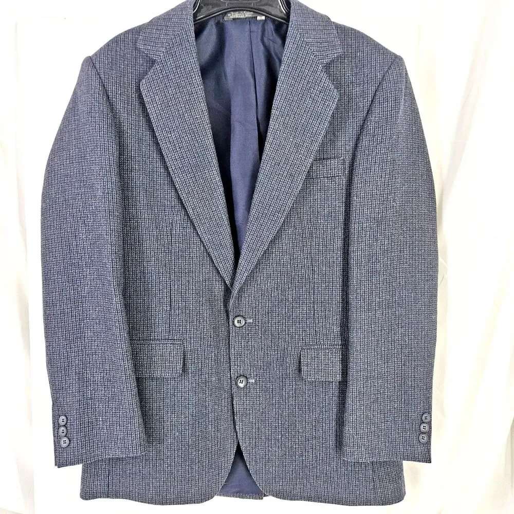 Vtg Haggar Men's 40R Blazer Wool  Blue Check Houndstooth Sport Coat Jacket‎ USA